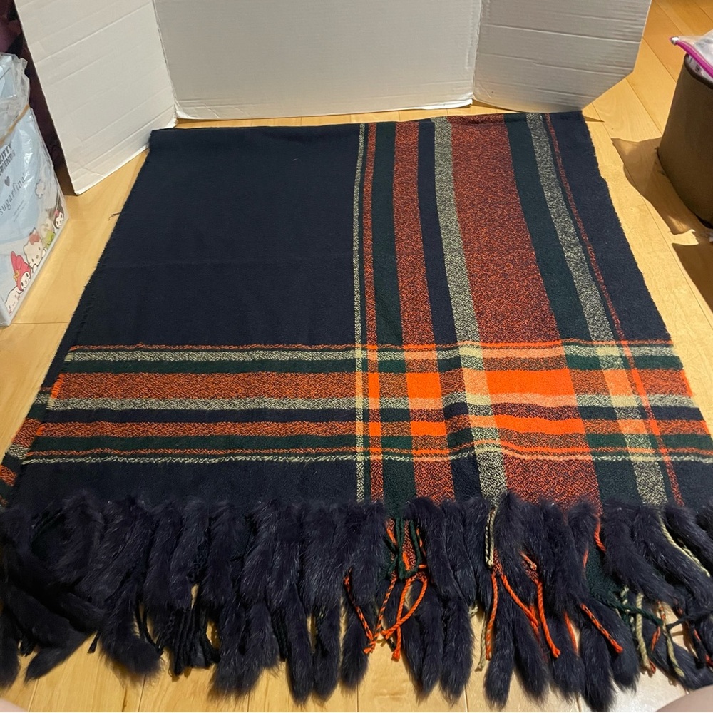 Beautiful plaid navy/orange large scarf with rabbit fur